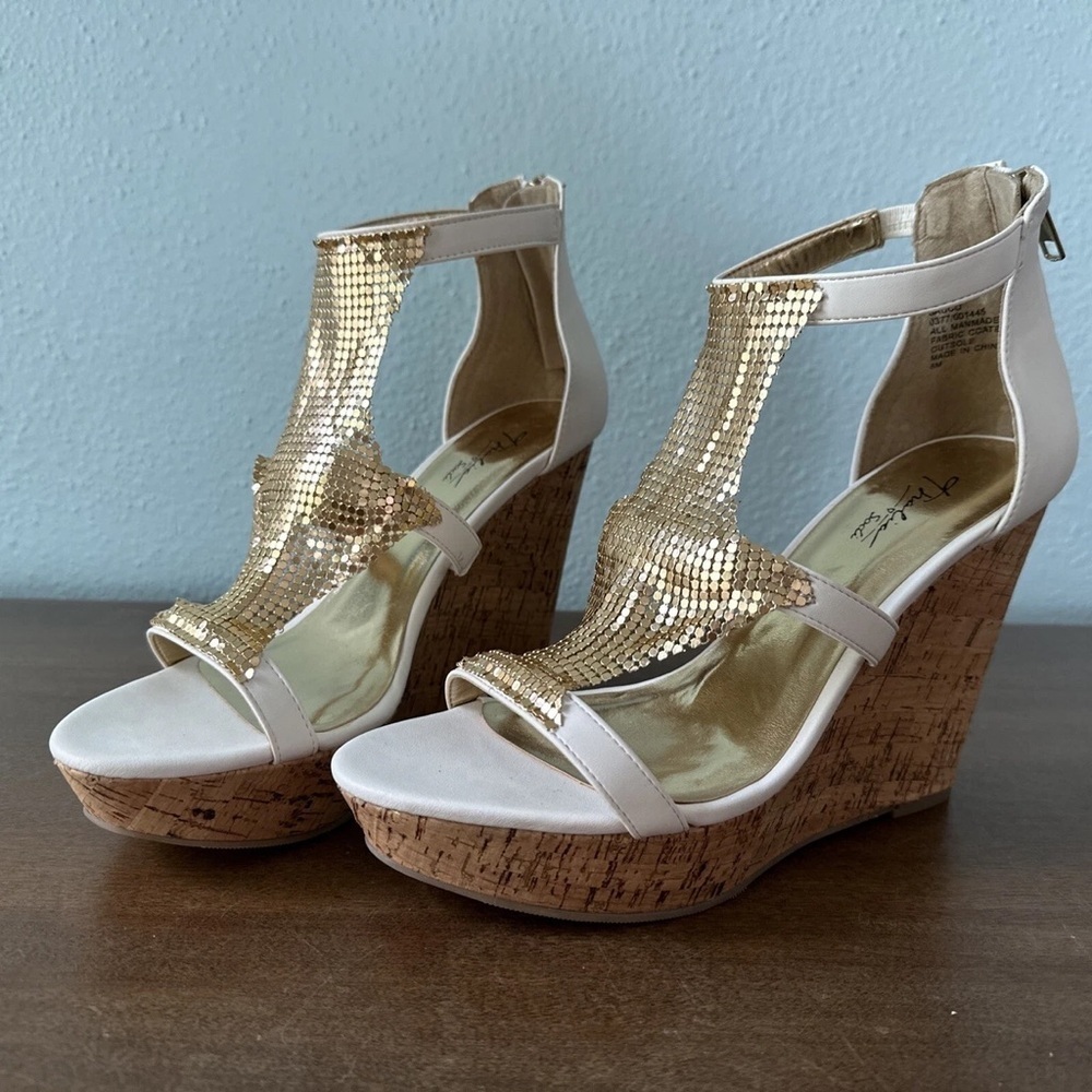 Thalia Sodi Gold and Cream Wedge Sandals